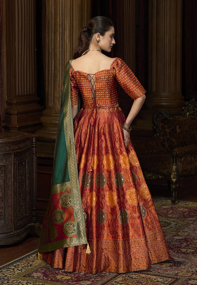 Rust Color Kanjiwaram Silk Jacquard Designer Lehenga Choli