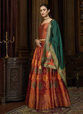 Rust Color Kanjiwaram silk blend Jacquard Lehenga Choli 4