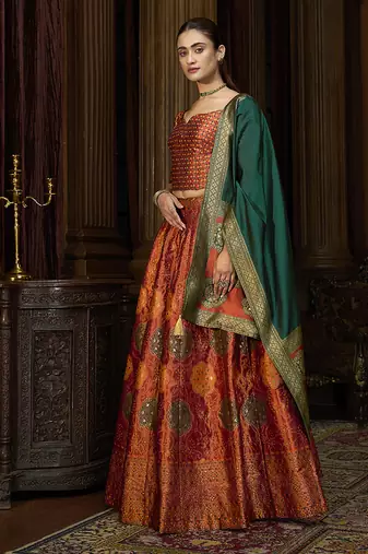 Rust Color Kanjiwaram silk blend Jacquard Lehenga Choli