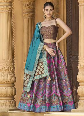 Lehenga Choli Zari Woven Jacquard silk blend in Brown 1