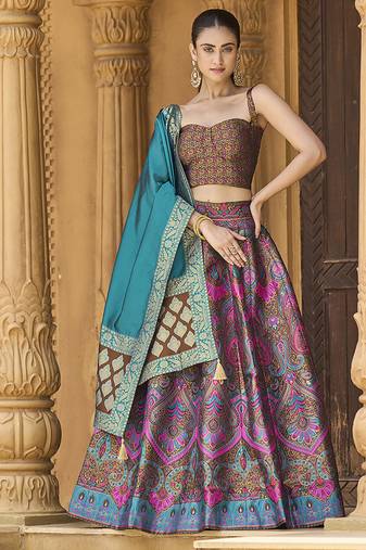 Lehenga Choli Thread Work Jacquard Silk in Brown