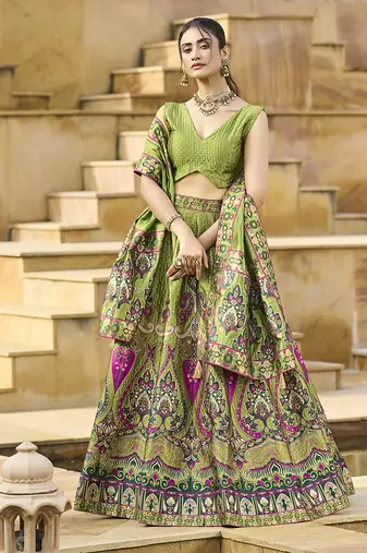 Charming Mehendi color Jacquard Lehenga choli with Dupatta