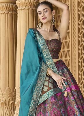 Lehenga Choli Zari Woven Jacquard silk blend in Brown 2