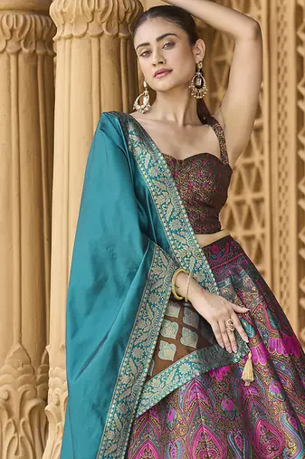 Lehenga Choli Zari Woven Jacquard silk blend in Brown