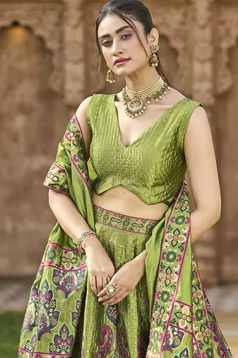 Mehendi color Jacquard Lehenga choli with Dupatta