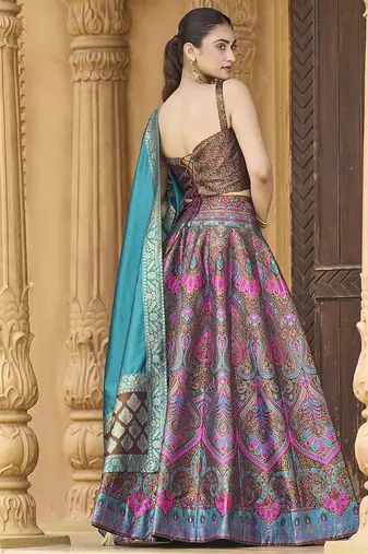 Lehenga Choli Zari Woven Jacquard silk blend in Brown