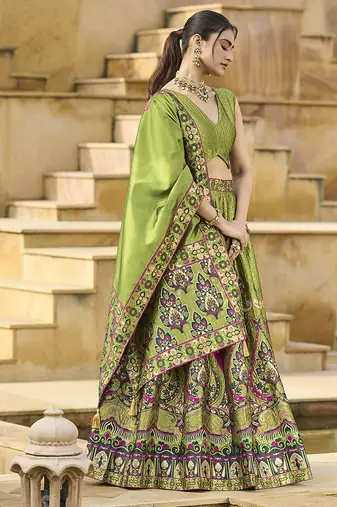 Mehendi color Jacquard Lehenga choli with Dupatta