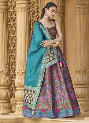 Lehenga Choli Zari Woven Jacquard silk blend in Brown 4