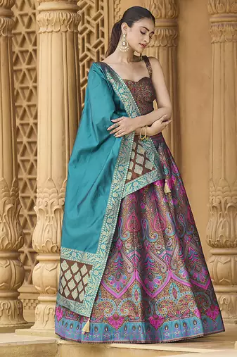Lehenga Choli Zari Woven Jacquard silk blend in Brown