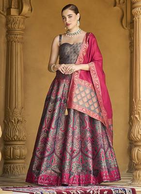 Lehenga Choli Zari Woven Jacquard silk blend in Multicolor 1