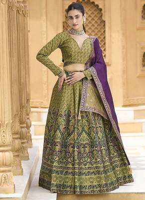 Mehendi Green Kanijwaram Jacquard Lehenga Choli 1