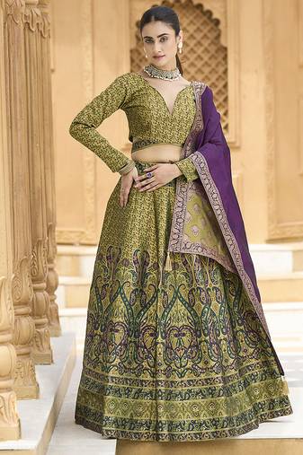 Mehendi Kanijwaram Jacquard Designer Lehenga Choli For Ceremonial