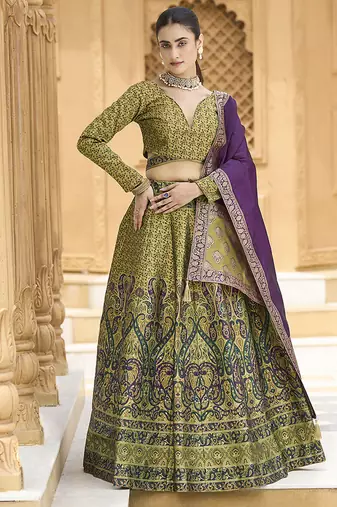 Mehendi Kanijwaram Jacquard Designer Lehenga Choli For Ceremonial