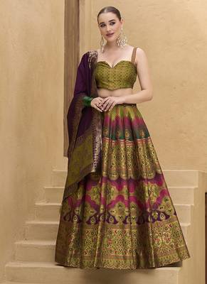 Jacquard Kanjiwaram silk blend Lehenga Choli in Olive green 1