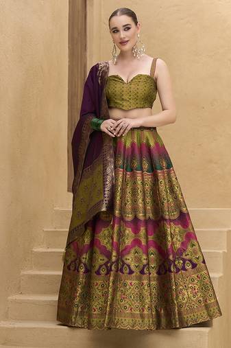Designer Lehenga Choli Jacquard Kanjiwaram silk in Mehendi green