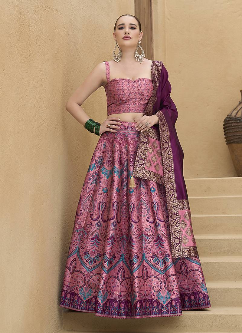 Lehenga Choli Thread Work Jacquard Silk in Pink