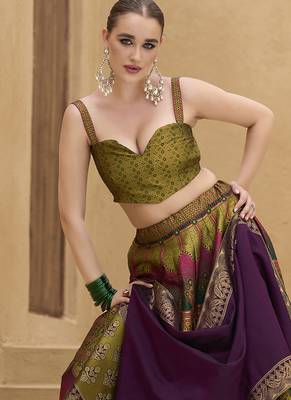 Jacquard Kanjiwaram silk blend Lehenga Choli in Olive green 2