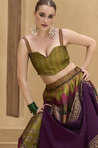 Jacquard Kanjiwaram silk blend Lehenga Choli in Olive green