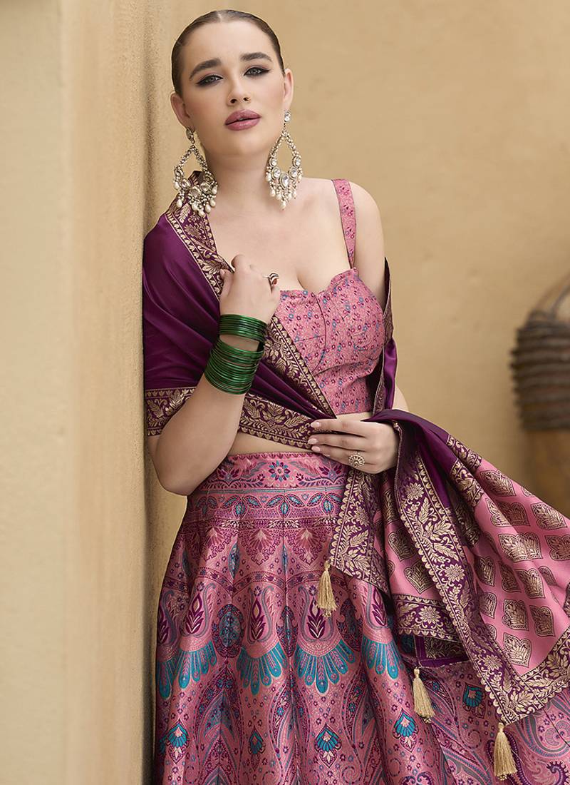Lehenga Choli Thread Work Jacquard Silk in Pink