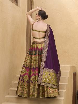 Jacquard Kanjiwaram silk blend Lehenga Choli in Olive green 3
