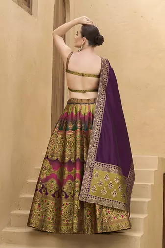 Jacquard Kanjiwaram silk blend Lehenga Choli in Olive green