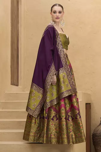 Jacquard Kanjiwaram silk blend Lehenga Choli in Olive green