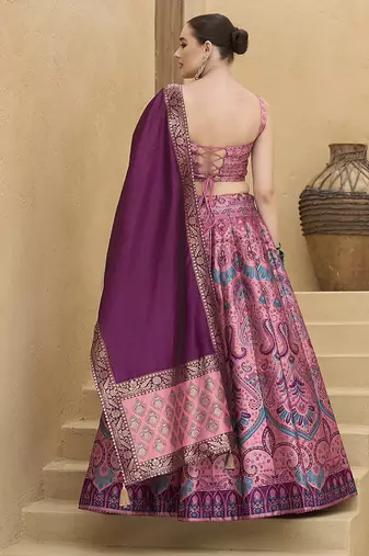 Lehenga Choli Zari Woven Jacquard silk blend in Pink