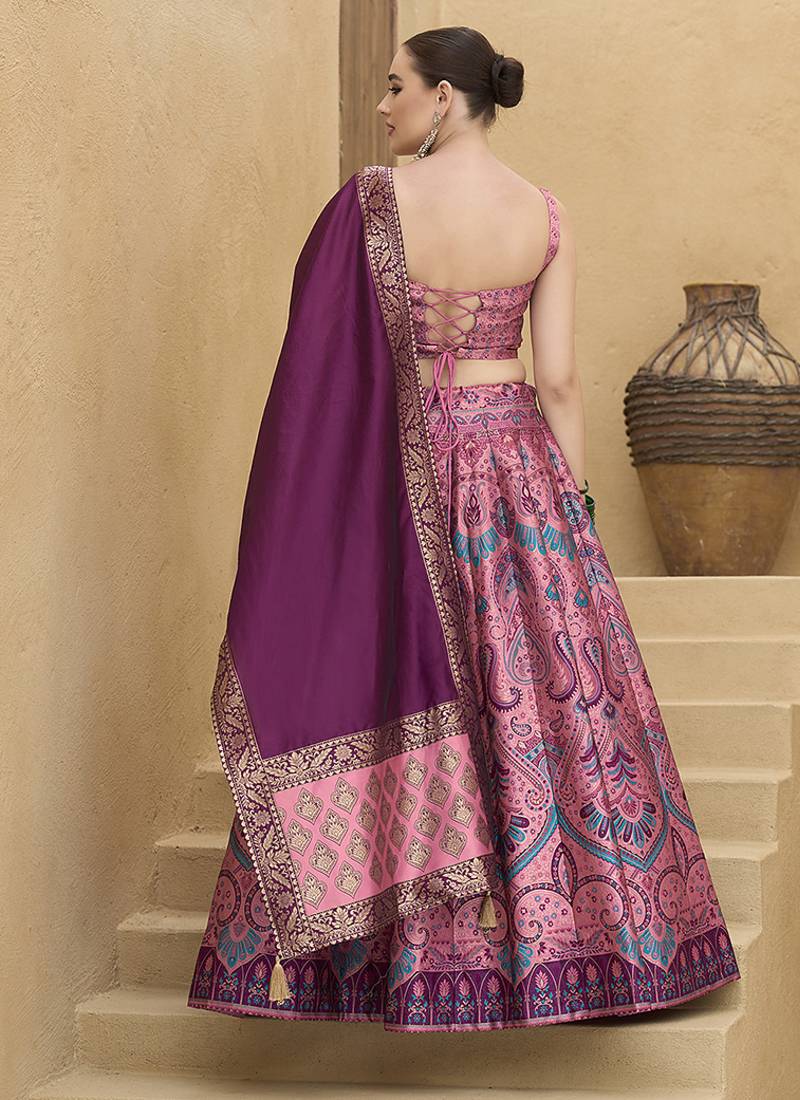 Lehenga Choli Thread Work Jacquard Silk in Pink