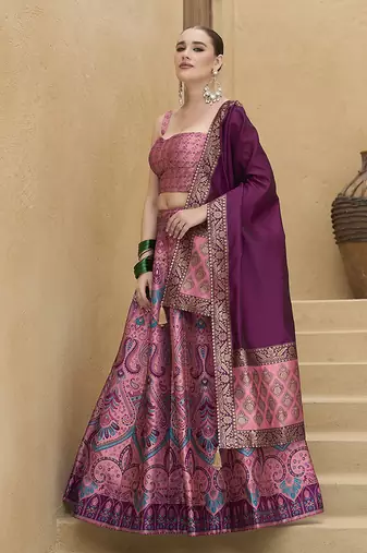 Lehenga Choli Zari Woven Jacquard silk blend in Pink