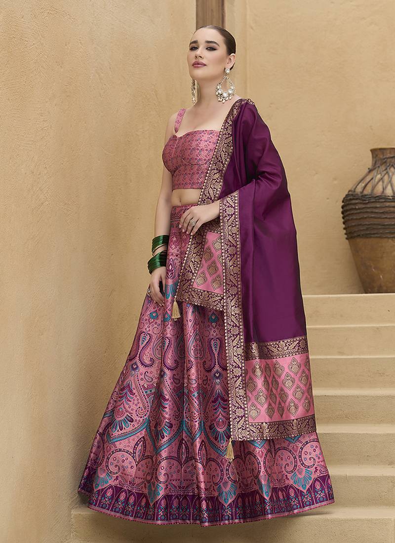 Lehenga Choli Thread Work Jacquard Silk in Pink