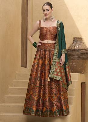 Lehenga Choli Zari Woven Jacquard silk blend in Rust Orange 1