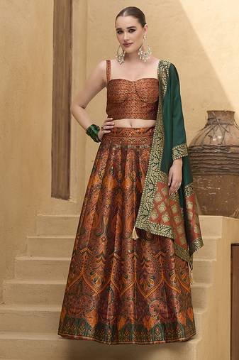Lehenga Choli Thread Work Jacquard Silk in Rust Orange