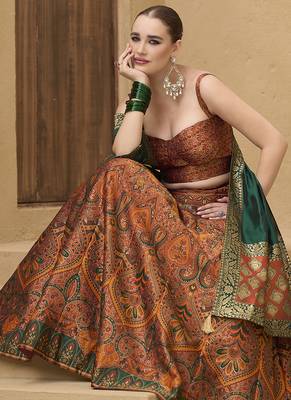Lehenga Choli Zari Woven Jacquard silk blend in Rust Orange 2