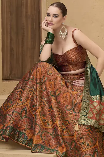 Lehenga Choli Zari Woven Jacquard silk blend in Rust Orange