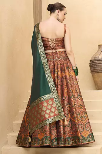 Lehenga Choli Zari Woven Jacquard silk blend in Rust Orange