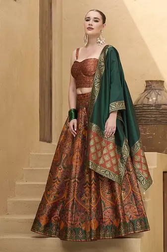 Lehenga Choli Zari Woven Jacquard silk blend in Rust Orange