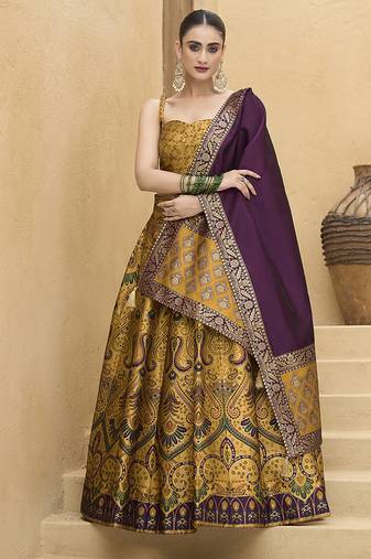 Lehenga Choli Thread Work Jacquard Silk in Yellow
