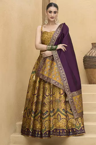 Lehenga Choli Thread Work Jacquard Silk in Yellow
