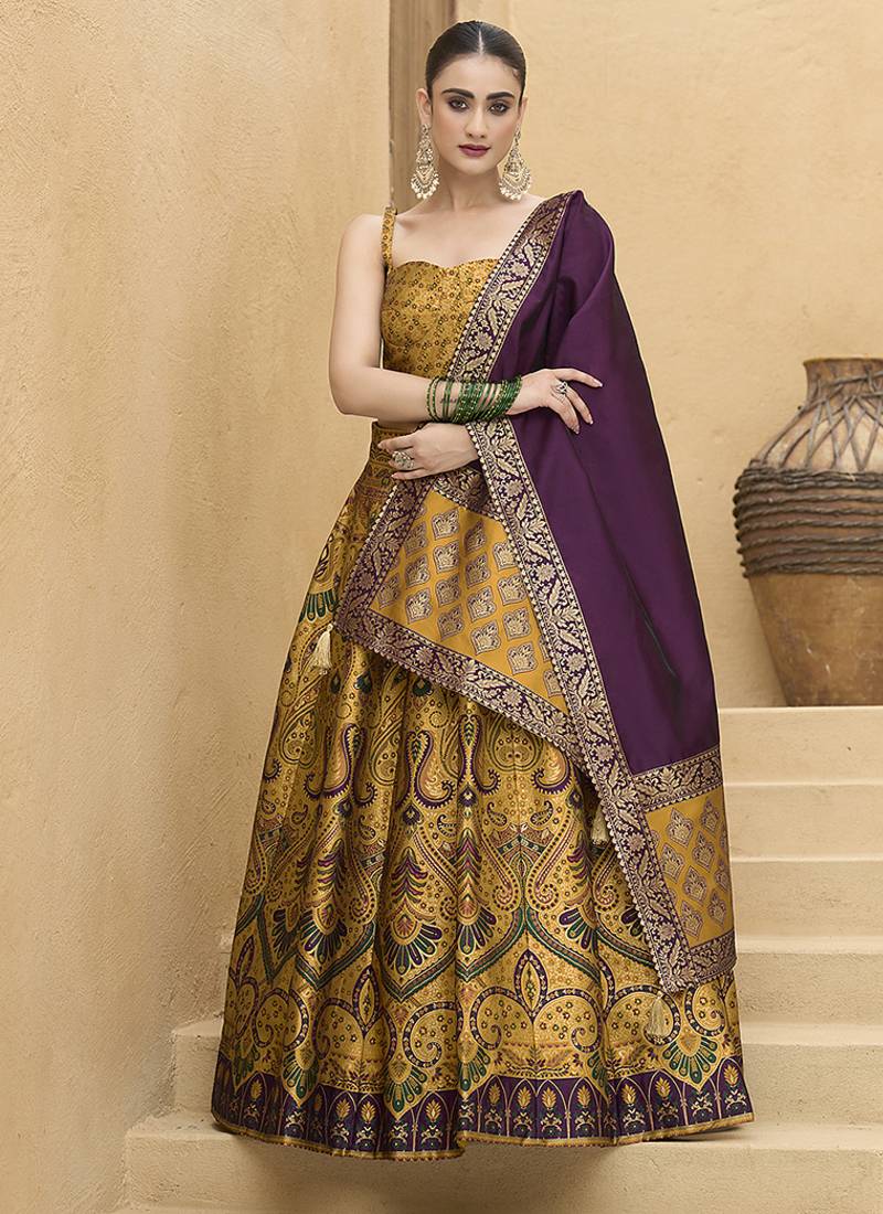 Lehenga Choli Thread Work Jacquard Silk in Yellow