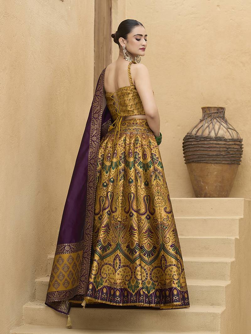 Lehenga Choli Thread Work Jacquard Silk in Yellow