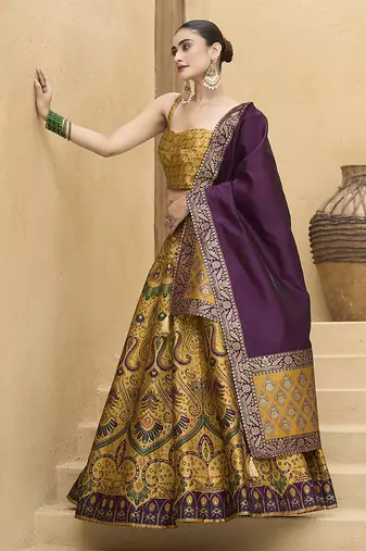 Lehenga Choli Zari Woven Jacquard silk blend in Yellow