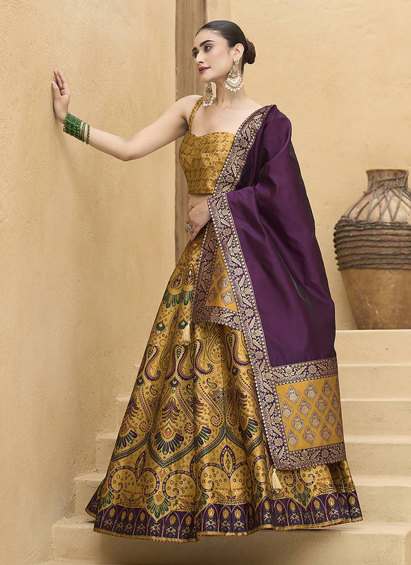 Lehenga Choli Thread Work Jacquard Silk in Yellow
