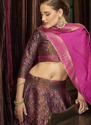 Brown & Magenta Pink Kanjivaram Jacquard Woven Work Lehenga choli 2