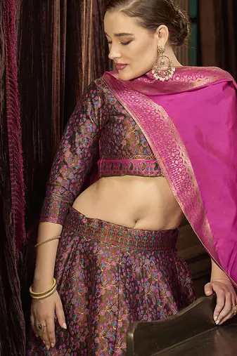 Brown & Magenta Pink Kanjivaram Jacquard Woven Work Lehenga choli