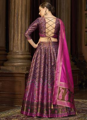 Brown & Magenta Pink Kanjivaram Jacquard Woven Work Lehenga choli 3