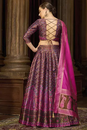 Brown & Magenta Pink Kanjivaram Jacquard Woven Work Lehenga choli