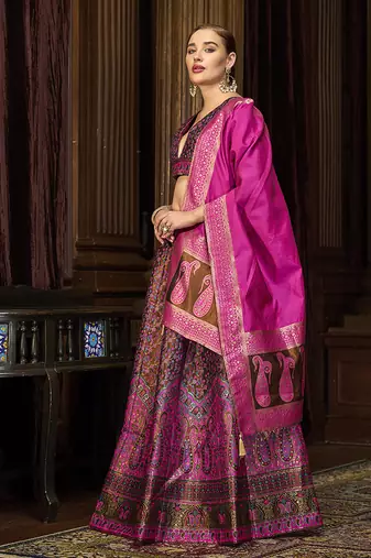 Brown & Magenta Pink Kanjivaram Jacquard Woven Work Lehenga choli