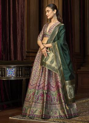 Sea Green Kanjivaram Jacquard Woven Work Lehenga choli 4