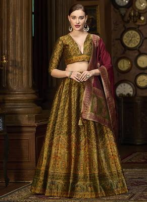 Olive Green Kanjivaram Jacquard Woven Work Lehenga choli 1