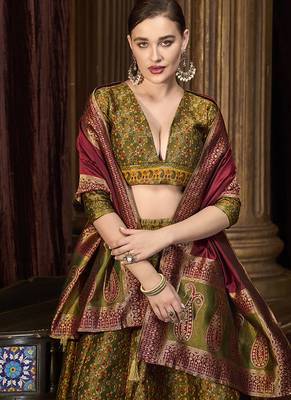 Olive Green Kanjivaram Jacquard Woven Work Lehenga choli 2